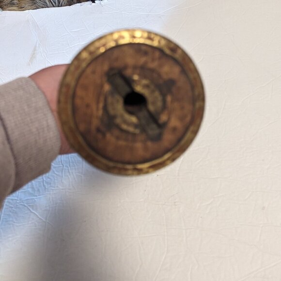 Vintage Rustic Primitive Candlestick Wood Spool Bobbin Brass Industrial Textile - Picture 4 of 7